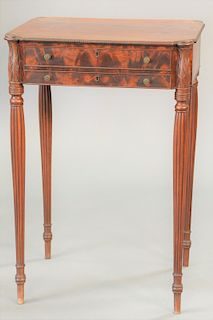 Custom mahogany Sheraton style work table with bag drawer, attributed to Margolis Shops (surface scratched), ht. 28 1/2", top 19 1/2".