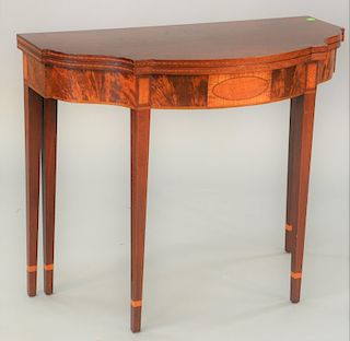 Margolis mahogany inlaid games table, Federal style with inlays marked Nathan Margolis (top loose). ht. 29 1/2 in., top 17 1/2" x 36".