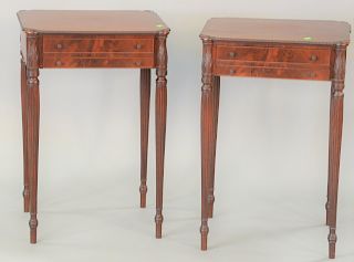 Pair of custom mahogany Sheraton style work tables with torrent corners on turned reeded legs, attributed to Margolis Shops (one strip of molding miss