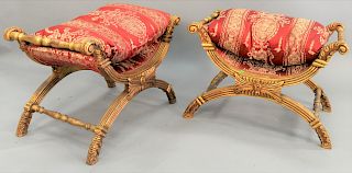 Pair of gilt curule ottomans, with custom cushions, ht. 20 1/2 in., top 18 x 29 1/2 in.