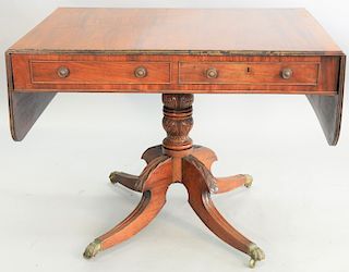 George IV mahogany sofa table, with drop leaves, drawer on either side on pedestal base, circa 1820, ht. 28 1/2 in., top 26 x 36 1/2 in.