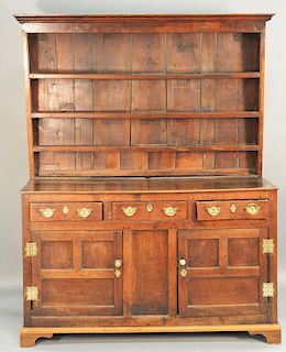 Oak Welsh cupboard in two parts, with open shelves on cabinet base, 18th century, ht. 75 1/2 in., wd. 58 in., dp. 20 in.