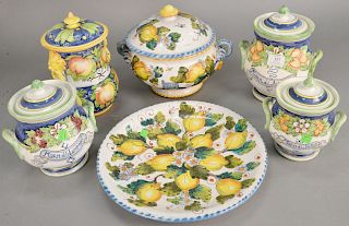 Six piece Majolica lot to include five covered pots. ht. 7 in. to 9 in.