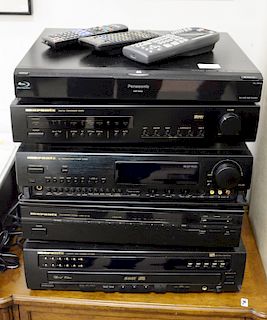 Group of electronics to include four Marantz pieces; processor DP 870, preamplifier AV600, tuner ST-50, and disc changer, along with a blu-ray player.