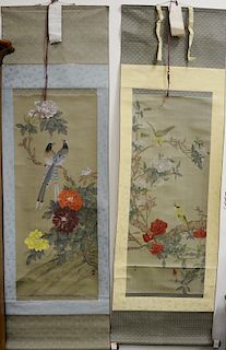 Two Piece Lot to include Oriental scroll painting on silk of tree branch with blossoming flowers and two birds signed lower left, image size: 39 1/2" 