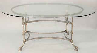 Custom French oval glass top table, with iron base. ht. 29 1/2 in., top 46 1/2" x 72 1/2".