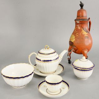 Thirty-four piece set, Royal Crown Derby porcelain tea set to include teapot with tray, bowls, cups, creamer and sugar bowl and saucers, having royal 