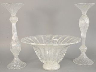 Group of Murano art glass to include pair of Murano art glass candlesticks, having candle cup retailed by Idea Murano, along with large matching bowl,