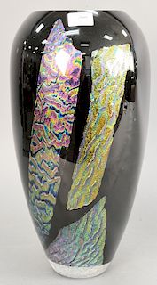 Large Chuck Boux art glass vase, having black gourd (with oil spot) decorated birds signed C. Boux, retailed for $3,000 in 1990, ht. 18 in.