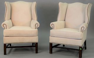 Pair of Pottery Barn Chippendale style wing chairs, on molded square legs, ht. 39 in., wd. 30 in.