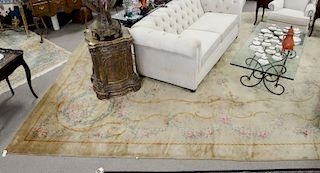Tai Ping Aubusson style carpet, beige with floral decoration wool rug made in Hong Kong. 13'8" x 16'3".