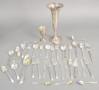 Sterling silver lot with one monogrammed weighted vase and miscellaneous flatware, 30.7 toz plus vase.