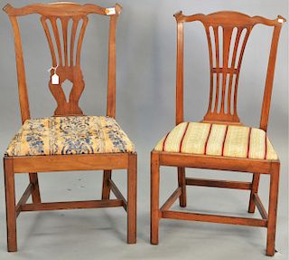 Two cherry Chippendale side chairs, each with pierced carved splats and slip seats, 18th century. height 38 inches, seat height 16 5/8 inches. Provena