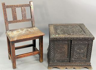 Two piece lot, to include carved lift top chest with two doors and Spanish walnut side chair, chest ht. 19in., chest top 22 1/2 x 23 in., chair height
