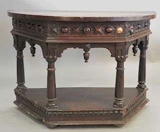 Oak Demilune console table, having one drawer (losses to applied elements and base molding near one front foot, restored), late sixteenth century, ht.