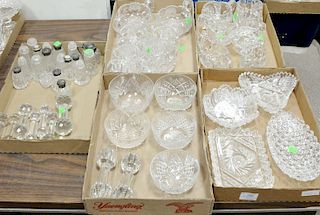 Five tray lots of cut glass, crystal glass to salt and pepper shakers, bowls, creamer and sugars, dishes, etc.