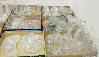 Six tray lots of cut glass, crystal to include waterford, bells, creamer and sugars, small bottles, jars, etc.