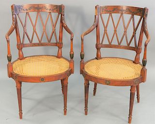 Pair of English painted and caned open armchairs, early 19th Century. ht. 33 1/4 in.