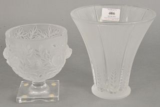 Pair of Two Rene Lalique Frosted Glass Vases, "Birds in Flight" frosted glass top with birds on square base, marked Lalique France, crystal trumpet fo