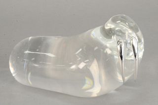 Large Steuben walrus, crystal figure with sterling silver tusk, signed Steuben. lg. 8 in.