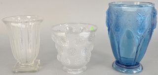 Three Verlys clear and frosted glass vases, to include a blue thistle vase, frosted vase with molded floral design, and vase with frosted and etched d