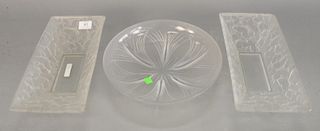 Three Verlys frosted glass dishes, leaf pattern bowl along with a pair of rectangle center bowls with butterfly pattern (all signed on bottom). bowl d