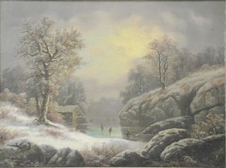 George Gunther Hartwick (1817 - 1899), oil on canvas mounted on board, skating scene, unsigned, 24" x 32".