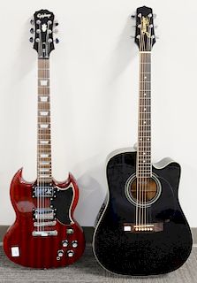 Two Guitars, Epiphone SG electric guitar in red finish, serial number EE061206717, along with a Jasmine Takamine ES31C acoustic guitar, serial number 