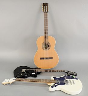 Three guitars, Godin acoustic guitar, La Patrie Etude, serial number 000340004527, in cloth case, First Act electric guitar, serial number VW33962, al