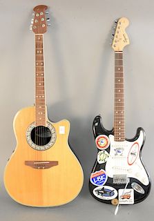 Two guitars, ovation celebrity acoustic electric guitar, serial number 271435, with cloth case, along with a Fender Squire Strat, serial number CYO112