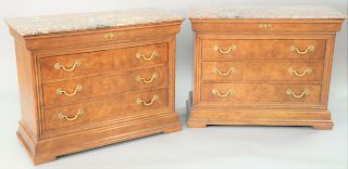 Pair of Henredon marble top commodes, marker Charles X, height 35 in., top 19 x 44 in.