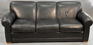 Black leather three cushion sofa, lg. 80 in.