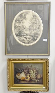 Group of ten framed pieces of art to include oil on board, winter landscape, signed lower left Kennett?, still life of fruit, seven Irene Stephens eng