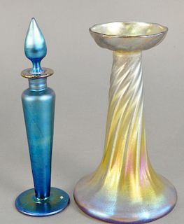 Two art glass pieces to include gold iridescent candlestick marked L.C.T. on bottom and small round Tiffany Favrile class registered trade mark sticke