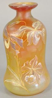Art Glass Vase, gold iridescent having painted blooming orchids on one side with gold outline, bottom marked L.C Tiffany Favrile 769 ol, writt