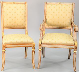 Set of eight dining chairs, with upholstered seats and backs, two arm and six side chairs.