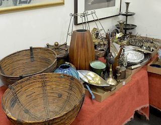 Six tray lots of silver plate and metal items to include Wilton Aluminum, silver plate, toast holders, trays, wood figures, brass bell, two early bask