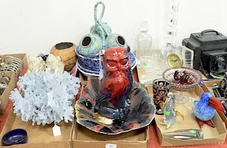 Six tray lots to include gray coral sculpture, large royal doulton flambe owl (as is), Moretti Murano bird figure, stoneware glazed bowl, six Schott Z