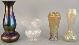 Four large Art Glass vases, Bohemian purple iridescent double gourde form, Formosa gold iridescent vase and a gold iridescent vase with bulbous base a