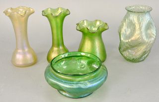 Group of five Art Glass vases, pinch form vase (with polished pontil) green iridescent pinch form bowl, small green vase with ruffle rim polished pont