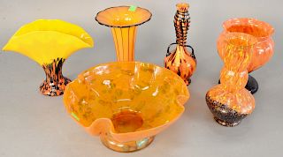 Six piece group to include, Czech art glass vase having thread twisted neck and handles, vase attributed to Michael Powolny, Loetz trumpet vase in Aus