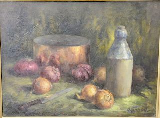 Albert Ruben (1918-2011), oil on canvas, "Still life with Copper Pot and Onions", Rockport, Mass., LR A. Reuben (titles on back), 18 x 24.