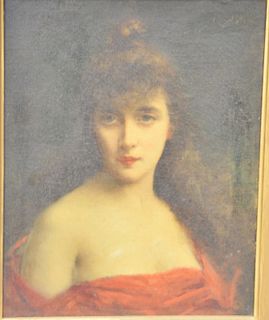 Angela Asti (1847-1903), Portrait of a Girl, with red dress, top right signed A. Asti., 16" x 13".