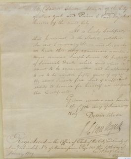 Deed of Manumission, manuscript document signed "DeWitt Clinton" and "P.C. Van Dyke", being a deed of manumission for Joseph Sands, 1 p, 4to, January 