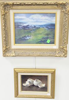 Two paintings, acrylic on paper, Merilyn Rocks "Galway Bay", Ireland ocean coast (8" x 10"), along with small oil panel cracked egg shell H. Van Slyk 