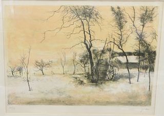 Bernard Ganter colored lithograph of a farm winter landscape, pencil signed L.R. Ganter, sight size 14" x 22 1/2".