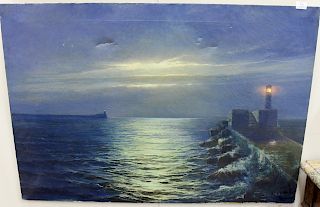 Moonlight Seascape, with lighthouse, oil on canvas, lower right signed illegibly, 31" x 44".