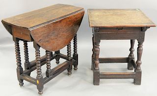 Two piece lot to Include Jacobean Gateleg drop leaf table and center Table, with drawer, 17th century (restored), drop leaf table ht. 27 1/2in., drop 