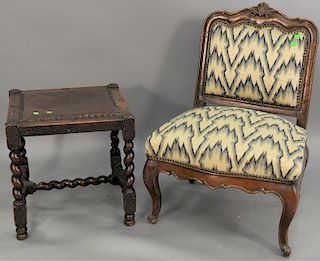 Two piece lot to include Louis XV slipper chair, (end of foot off), 18th century, along with Oak Jacobean Style footstool, height 32 1/2 in., seat hei