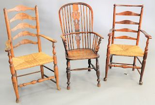 Three arm chairs, English Windsor, two Continental ladder backs